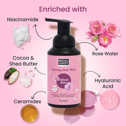 Bryan & Candy Delicate Rose Foaming Body Wash bottle with rich lather and rose petals, premium personal care. - Image 3