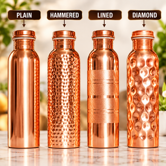 Pure Copper Water Bottle 1000 ml Set of 4 Assorted Finishes
