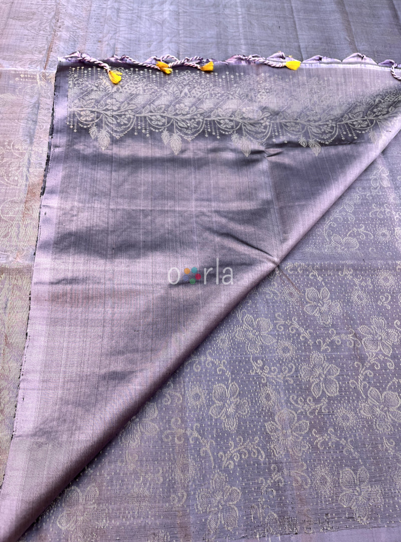 Prakruthi Ezhil Heavenly Lilac Pure Silver Zari with Sleeve Work Handloom Soft Silk Saree - PUSHMYCART