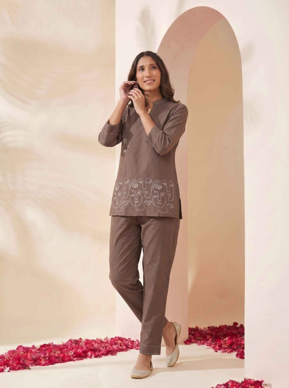 Miravan Womens Grey Embroidered Kurta with palazzo Set