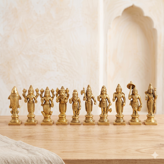 AONA Brass Dashavatar Vishnu 10 Avatars Statue Set - 10 Pieces, 3 Inch Golden Brass Idols