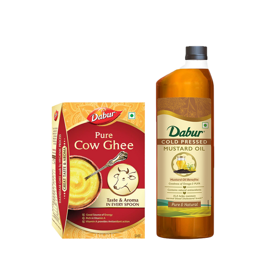 Dabur Cold Pressed Mustard Oil 1 L and Daanedaar Cow Ghee 900 ml Combo