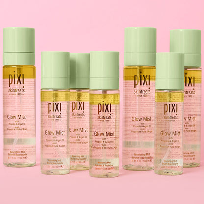 Lifestyle shot of the Pixi Beauty Ultimate Glow Skin Routine Set, suggesting a fresh, glowing complexion.