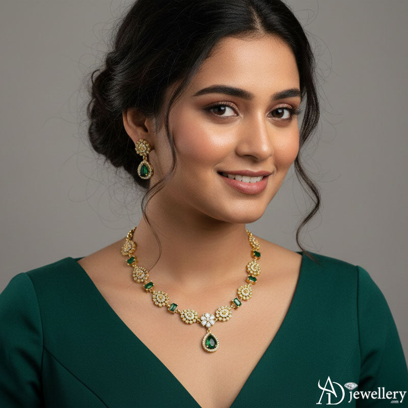 Floral choker necklace set front view with drop earrings.