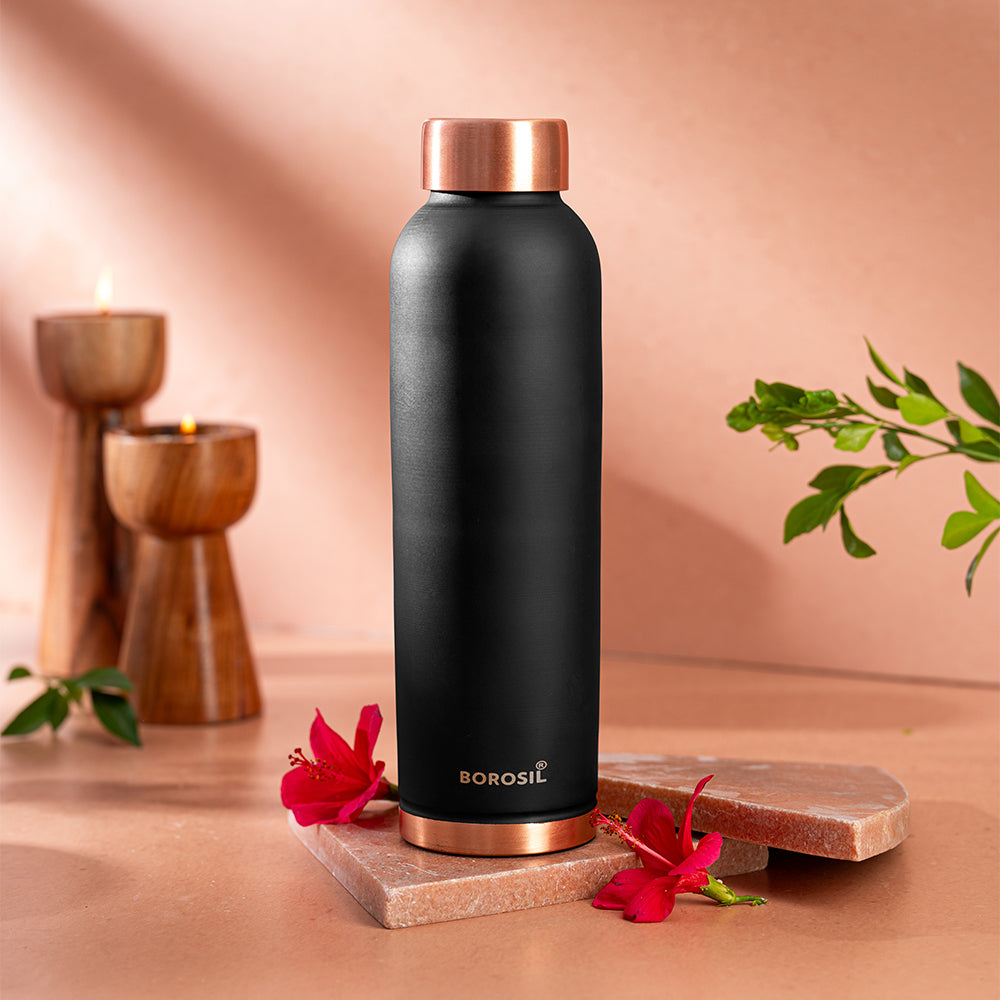 Borosil ECO Colour Copper Bottle and Glass Set Black