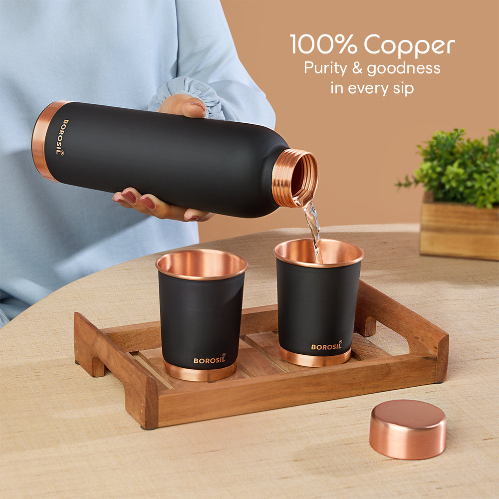 Borosil ECO Colour Copper Bottle and Glass Set Black