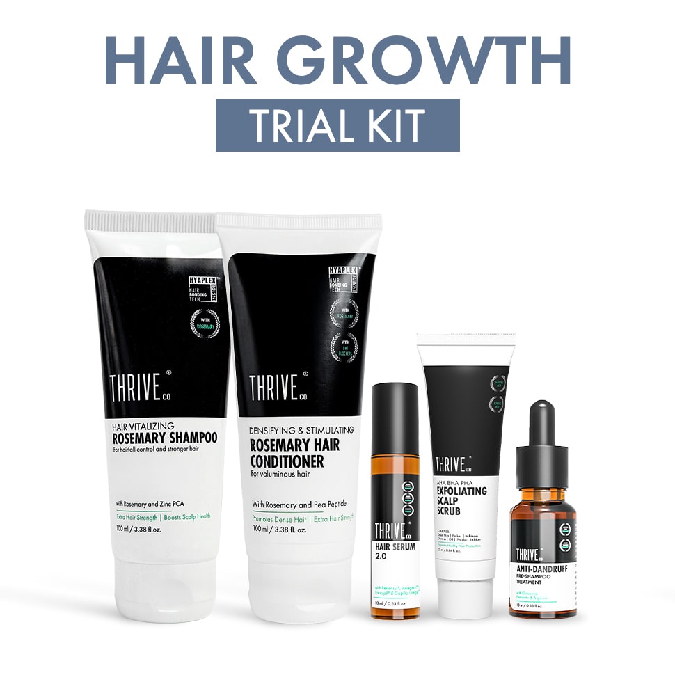Thriveco Hair Growth Trial Kit with serum, shampoo, conditioner, scalp scrub, and anti-dandruff treatment.