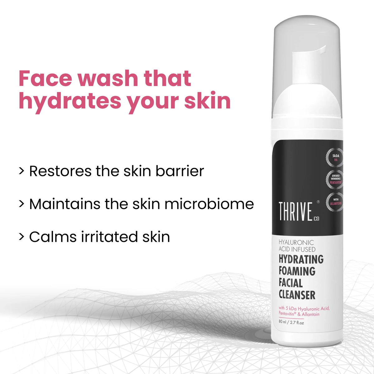Thriveco Hydrating Foaming Facial Cleanser bottle with a pump, featuring a clean, minimalist design against a soft backgro...