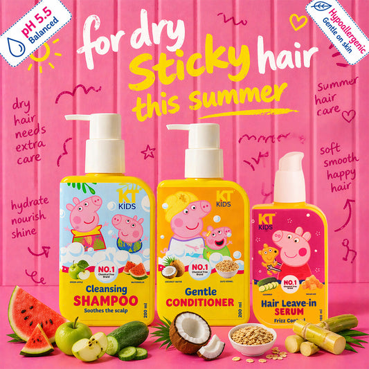 Kt Kids Peppa Pig Hair Care Kit with shampoo, conditioner, detangler, gift bag, and keychain.