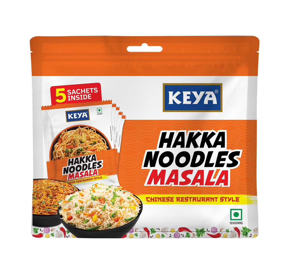 Keyafoods Keya Hakka Noodles Masala multipack with 5 sachets, showcasing vibrant Chinese restaurant style flavor.
