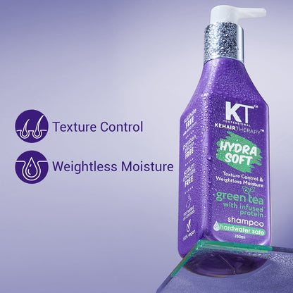 Kt Professional Hydra Soft Shampoo bottle with green tea leaves, showcasing its gentle, hydrating formula for all h - Image 3