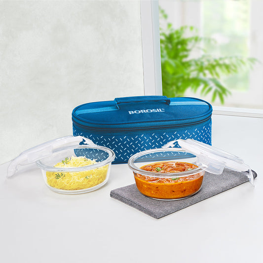Borosil Teal Round Glass Lunch Box
