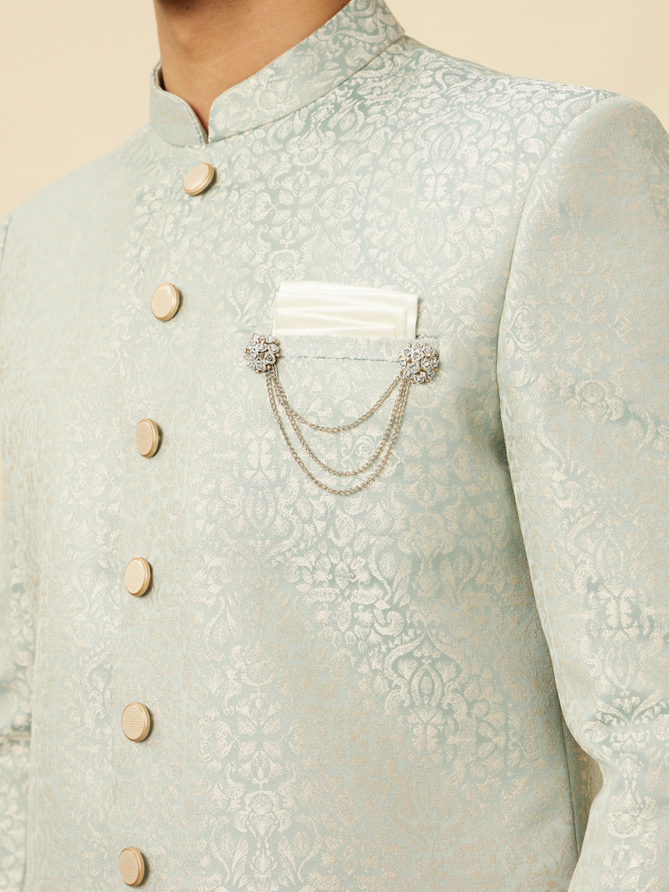 Manyavar Delicate Blue Medallion Patterned Indo Western Jacket - view 2