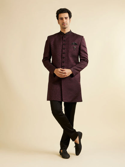 Manyavar Wine Imperial Patterned Indo Western Set - view 3