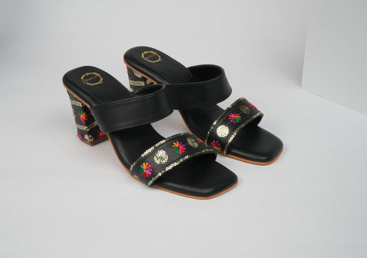 Dhaga Black Beauty Embroidered Block Heel Kolhapuri for Women