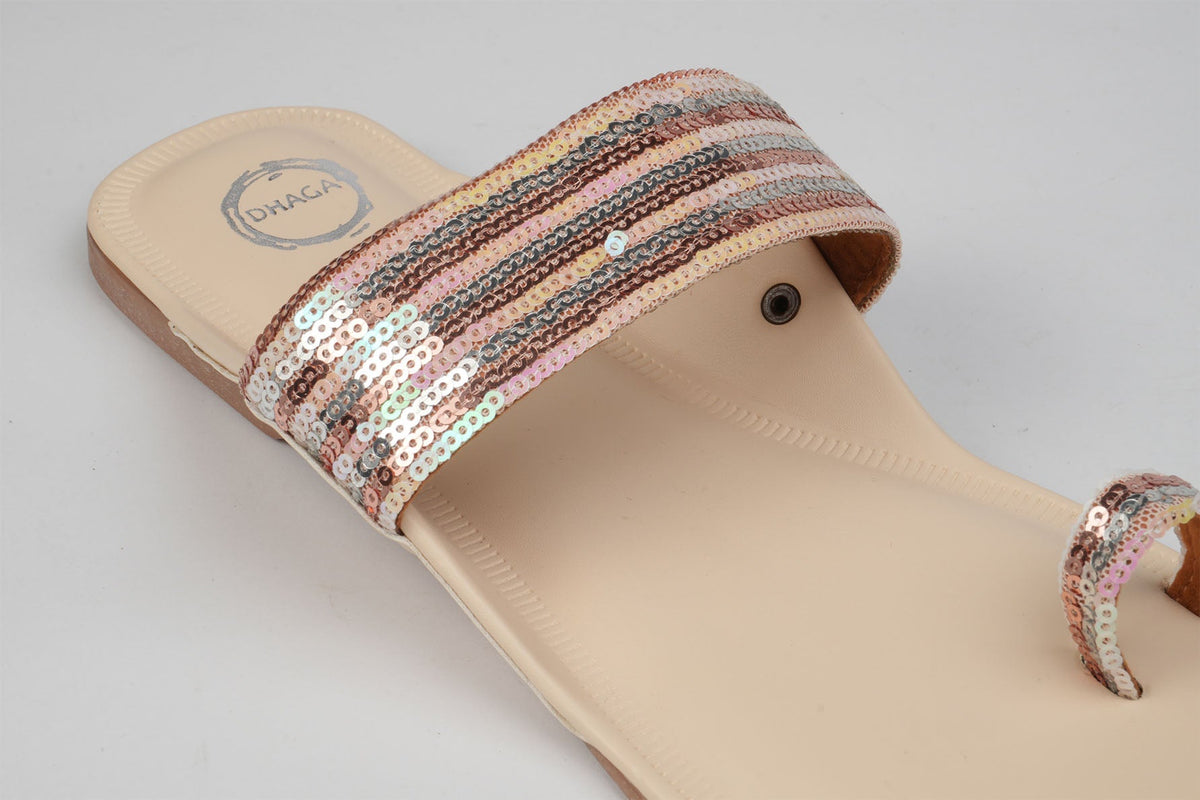 Dhaga Cream Shimmer Flat Kolhapuri for Women