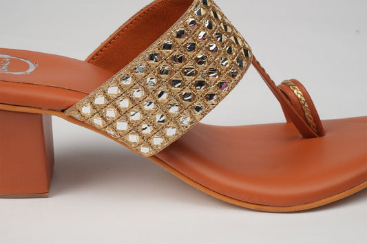 Dhaga Golden and Tan brown Block Heel Kolhapuri for women