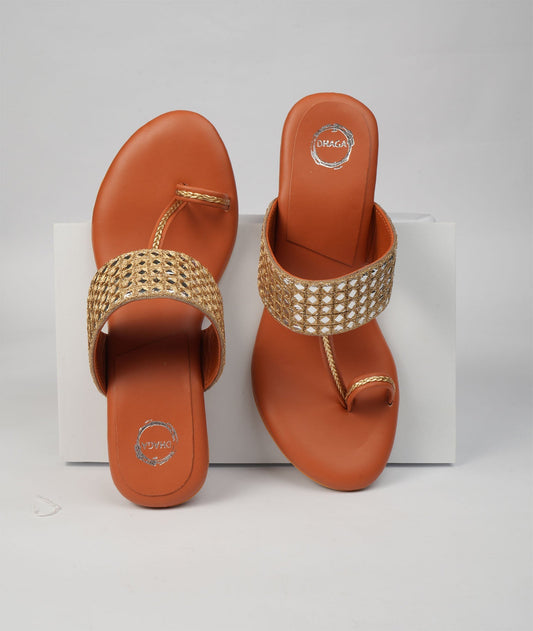 Dhaga Golden and Tan brown Block Heel Kolhapuri for women