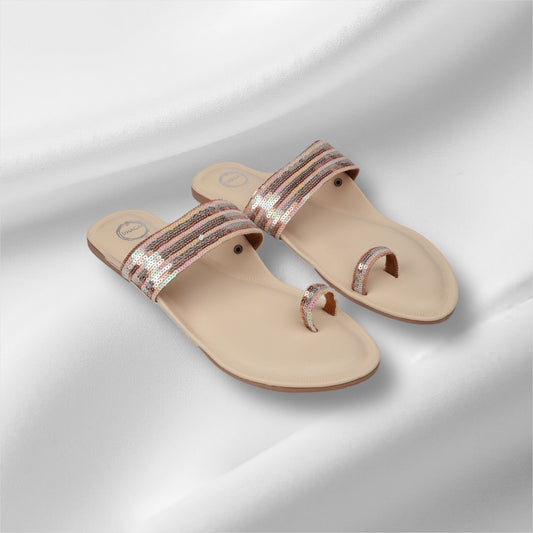 Dhaga Cream Shimmer Flat Kolhapuri for Women