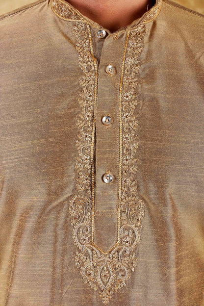 Veshbhoshaa Bluesaanchi Sunshine: Handwoven Embroidered Kurta Set Raw Umber - PUSHMYCART