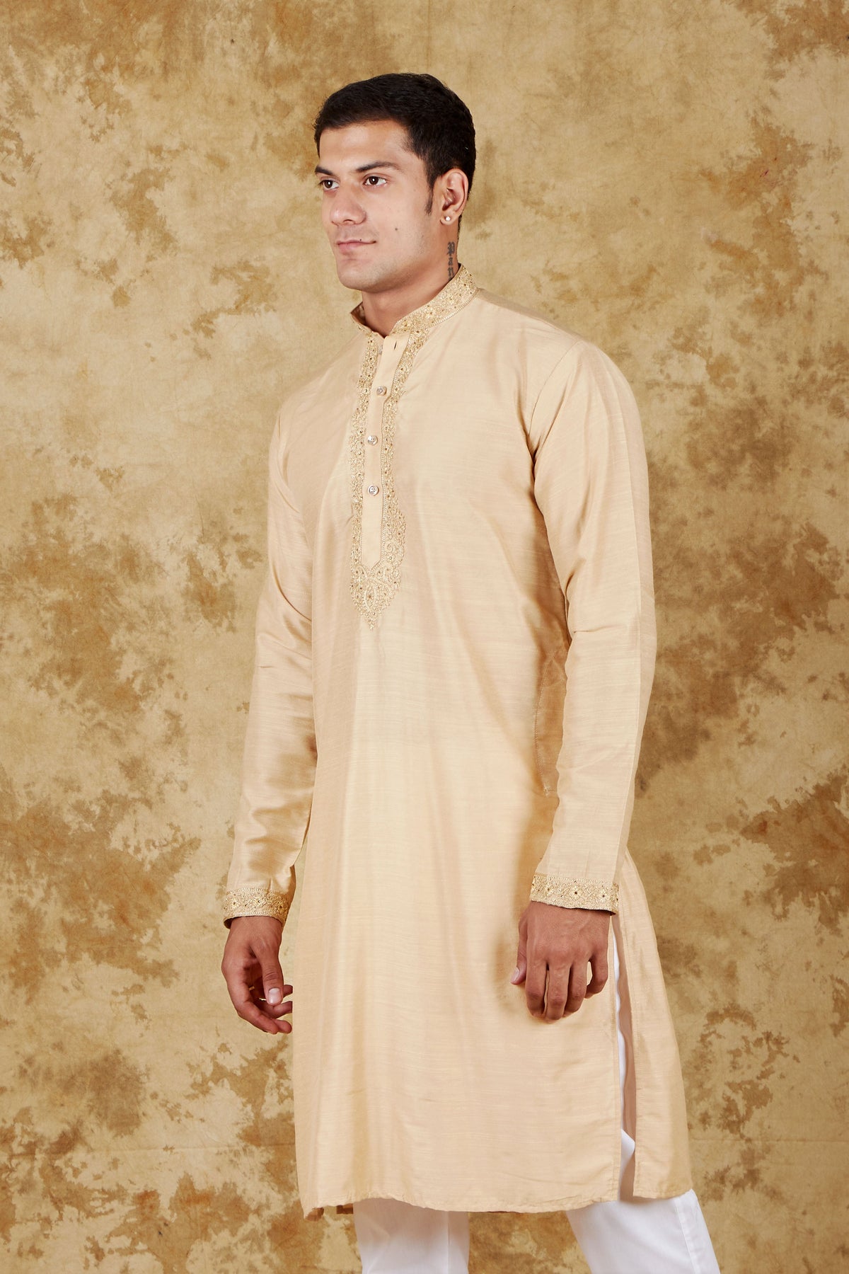 Veshbhoshaa Bluesaanchi Chandery Silk Khaki Embroidered Kurta Set - PUSHMYCART