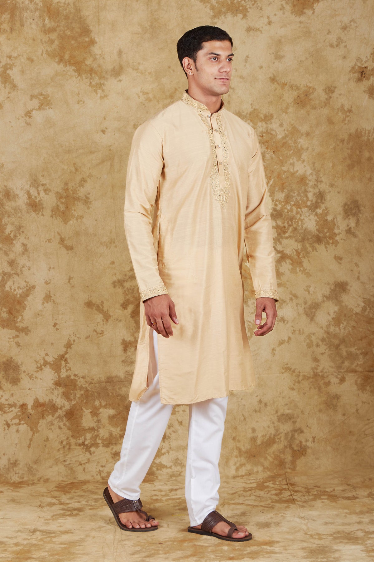 Veshbhoshaa Bluesaanchi Chandery Silk Khaki Embroidered Kurta Set - PUSHMYCART
