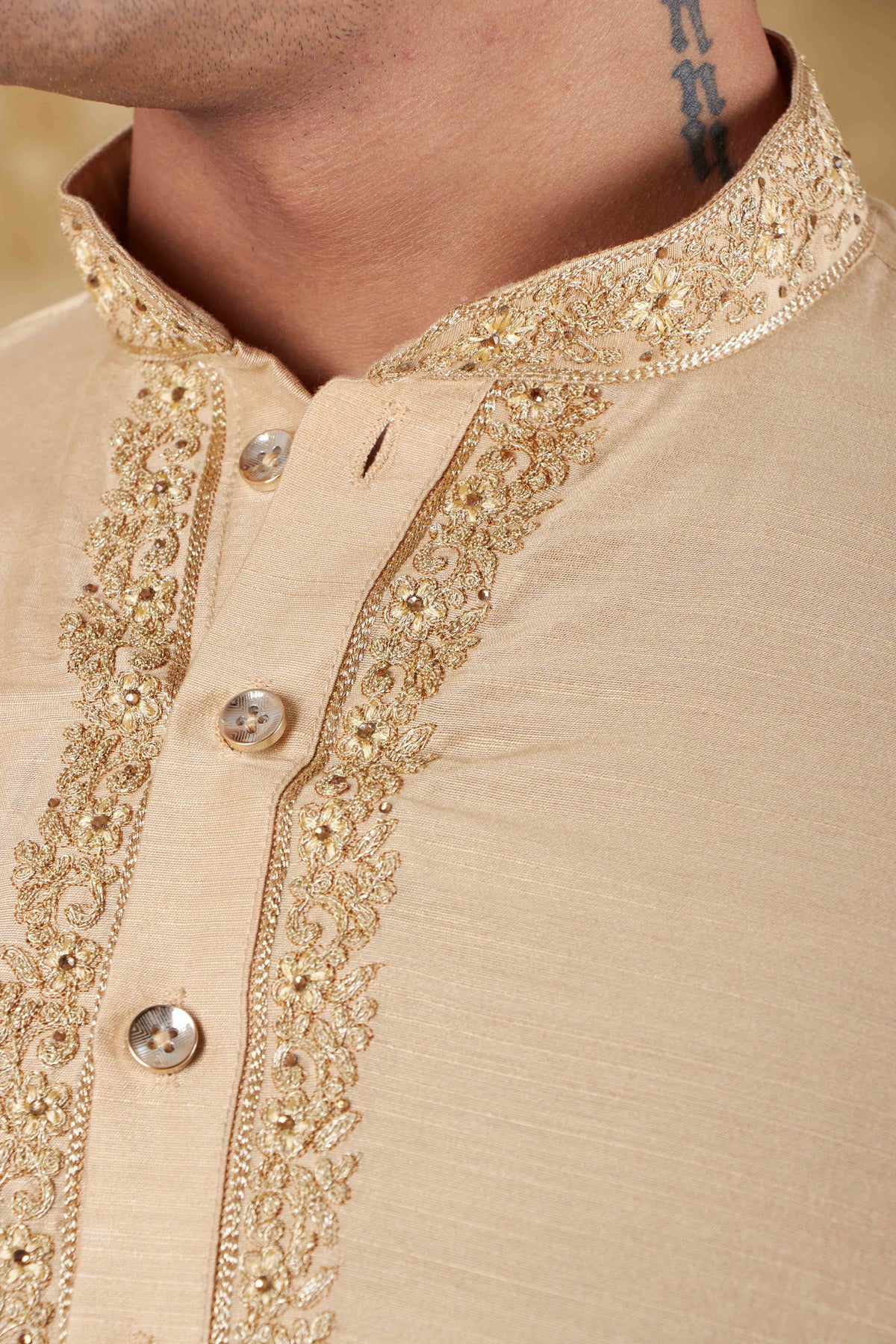 Veshbhoshaa Bluesaanchi Chandery Silk Khaki Embroidered Kurta Set - PUSHMYCART