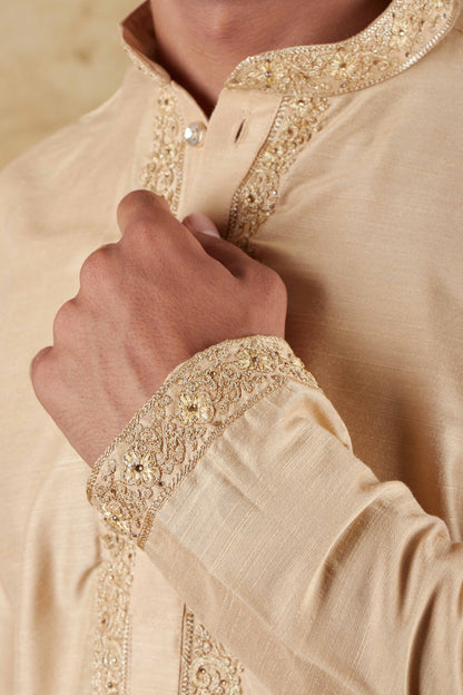 Veshbhoshaa Bluesaanchi Chandery Silk Khaki Embroidered Kurta Set - PUSHMYCART