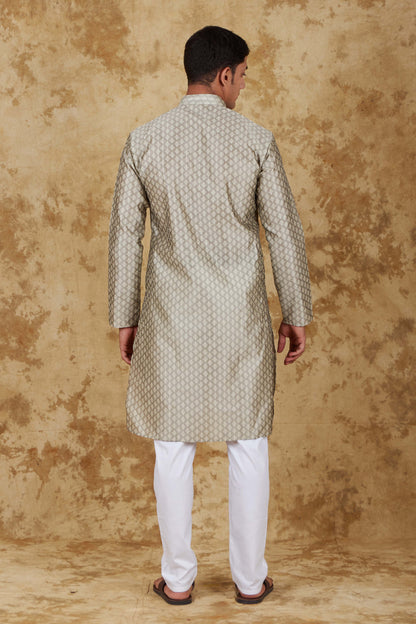 Veshbhoshaa Bluesaanchi Banarsi Silk Silver Kurta Set - PUSHMYCART