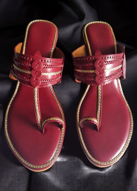 Dhaga Ruby Radiance Maroon Stone Block Heel Kolhapuri for Women