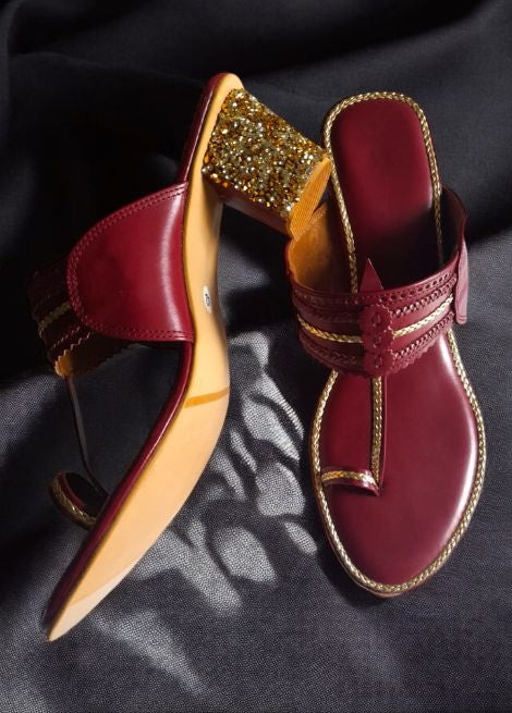 Dhaga Ruby Radiance Maroon Stone Block Heel Kolhapuri for Women