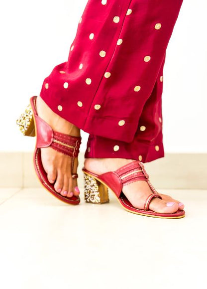Dhaga Ruby Radiance Maroon Stone Block Heel Kolhapuri for Women