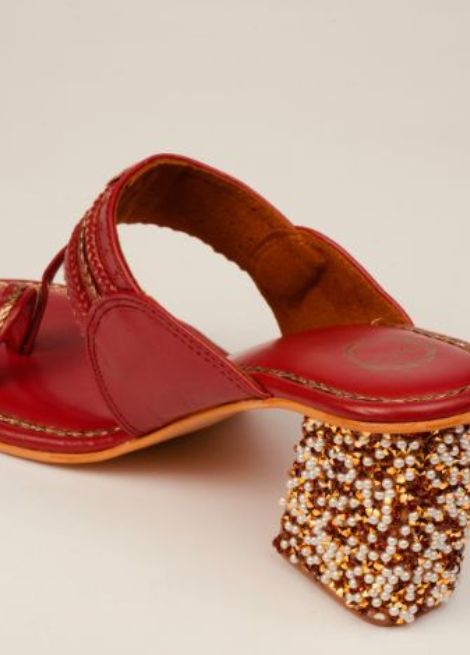 Dhaga Ruby Radiance Maroon Stone Block Heel Kolhapuri for Women