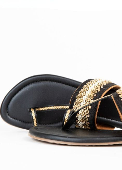 Dhaga Glam Night Black Velvet Flat Kolhapuri Chappal for Women