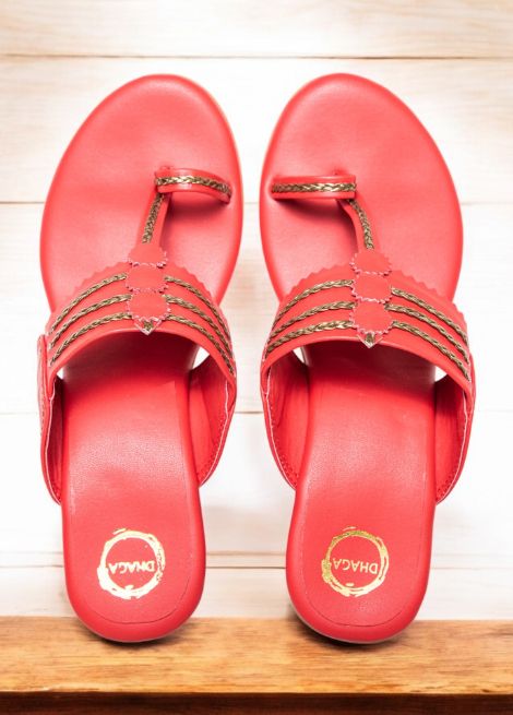 Dhaga Red Block Heels Kolhapuri for women