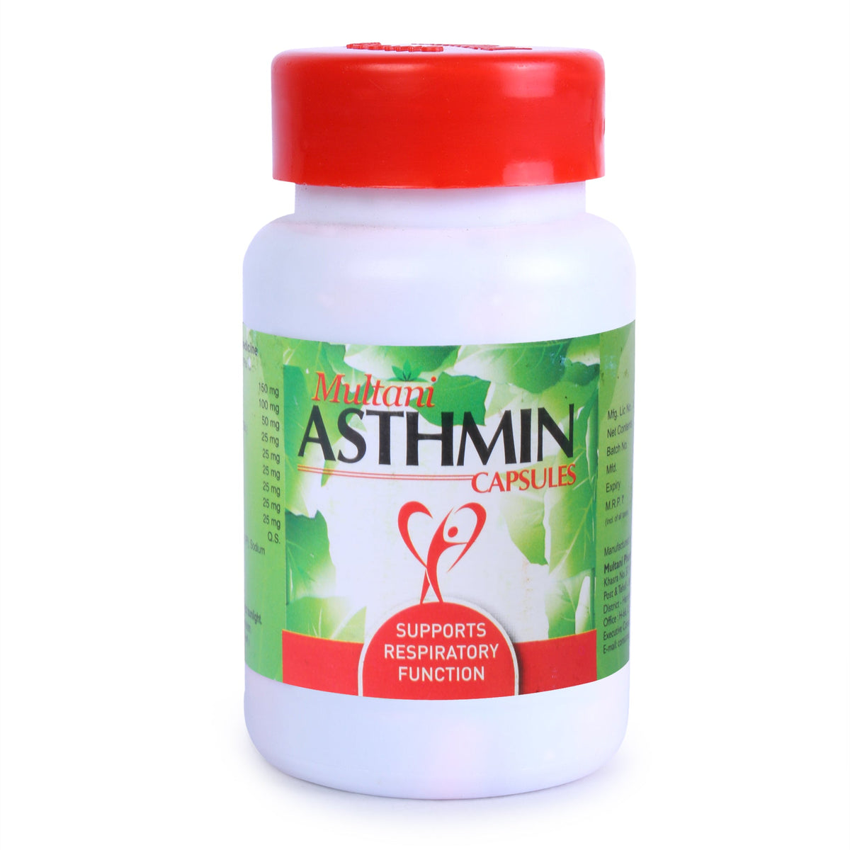 Multani Asthmin Capsule bottle with label, showcasing a natural Ayurvedic respiratory health supplement.