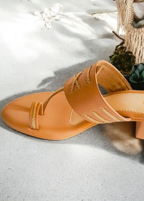 Dhaga Knot and Go Light Brown Block Heel Kolhapuri Heels for Women