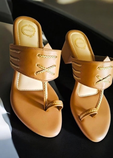 Dhaga Knot and Go Light Brown Block Heel Kolhapuri Heels for Women