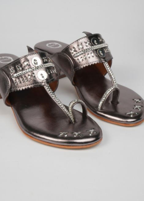 Dhaga Silver Cadillac Metallic Block Heel Kolhapuri Heels for Women