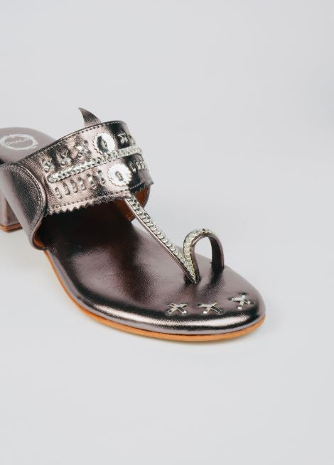 Dhaga Silver Cadillac Metallic Block Heel Kolhapuri Heels for Women