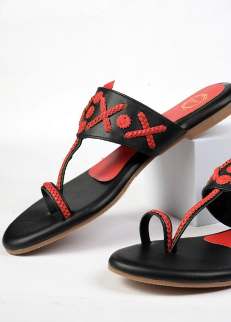 Dhaga Chilli Chic Red and Black Flat Kolhapuri Chappal for Women