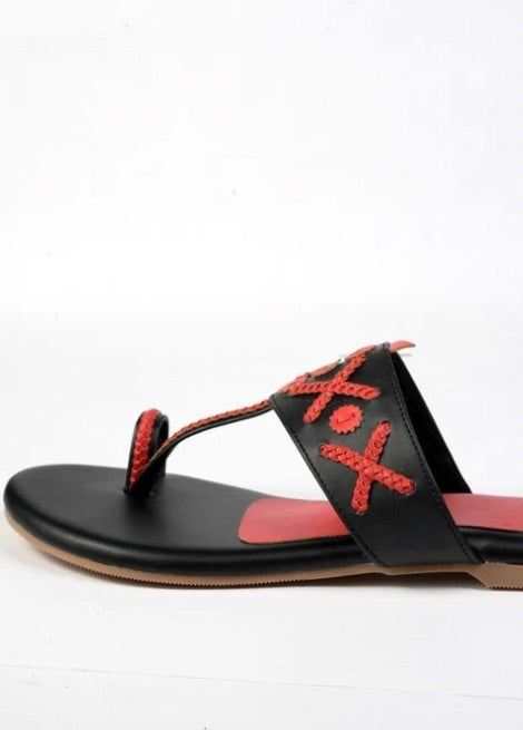 Dhaga Chilli Chic Red and Black Flat Kolhapuri Chappal for Women