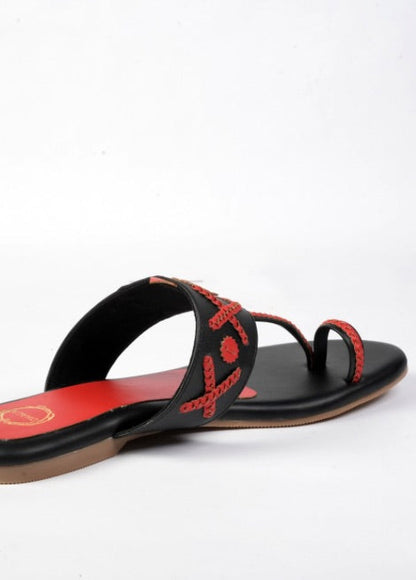 Dhaga Chilli Chic Red and Black Flat Kolhapuri Chappal for Women