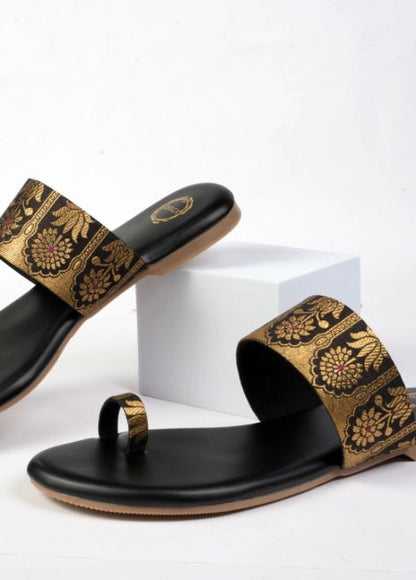 Dhaga Midnight Maharani Black Flat Kolhapuri for Women