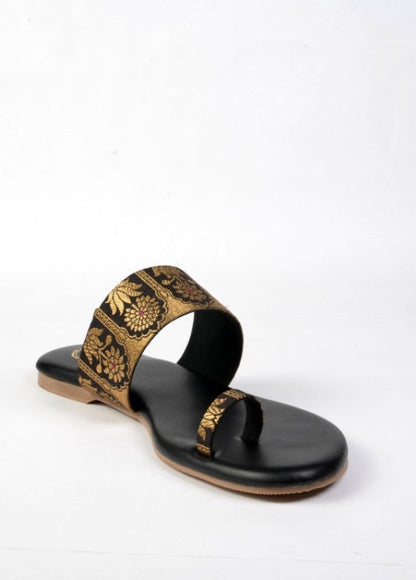 Dhaga Midnight Maharani Black Flat Kolhapuri for Women