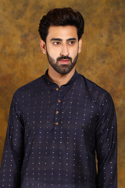 Veshbhoshaa Bluesaanchi Men'S Navy Blue Zari Embroidery Kurta Pyjama - PUSHMYCART