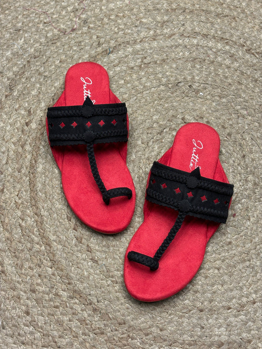Juttix Gulaal Red and Black Kolhapuri Flats for Women image