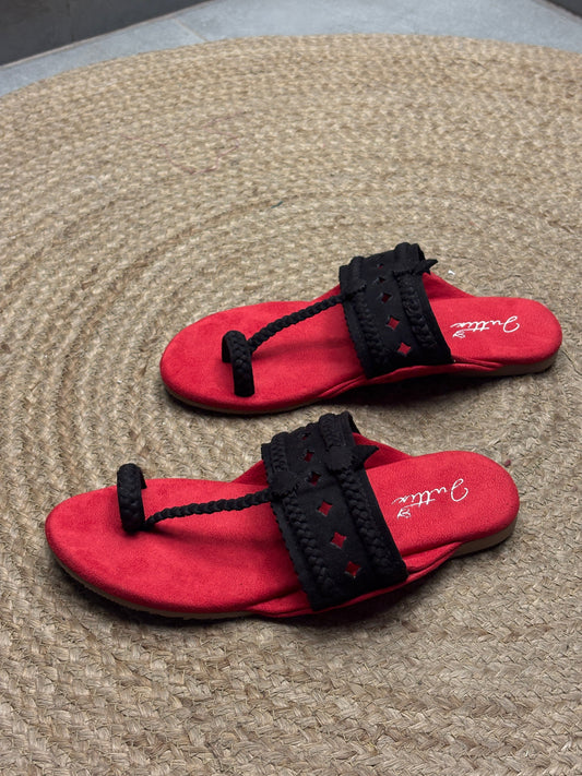 Juttix Gulaal Red and Black Kolhapuri Flats for Women image