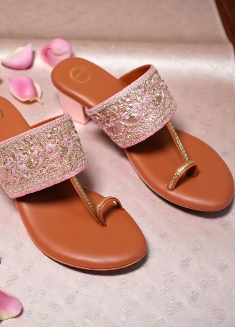 Dhaga Adaah Pink Embroidered Block Heel Kolhapuri for Women