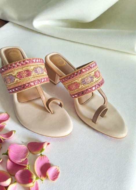 Dhaga Gulnaar Cream Embroidered Block Heel Kolhapuri for Women
